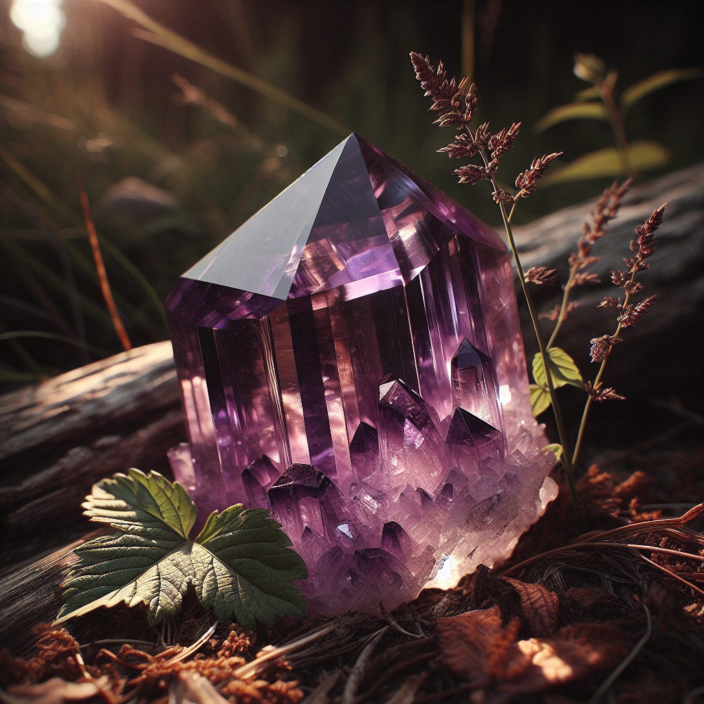 Amethyst crystal cluster lustering in a woody forest shining under a vibrant sun, placed in front of an old log on top of green foliage and leaves